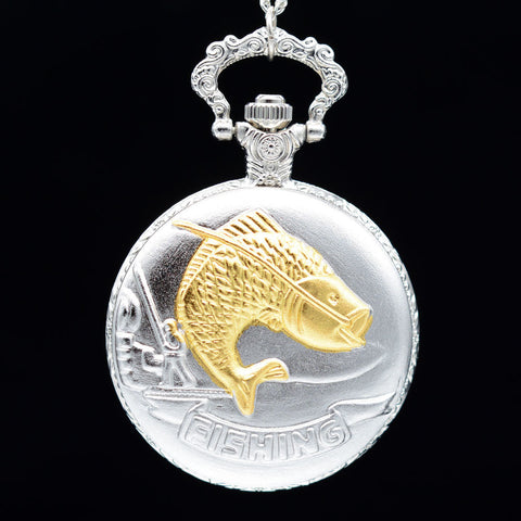New Fashion Silver FISHING Golden Fish Quartz Pocket Watch Analog Pendant Necklace - outspace